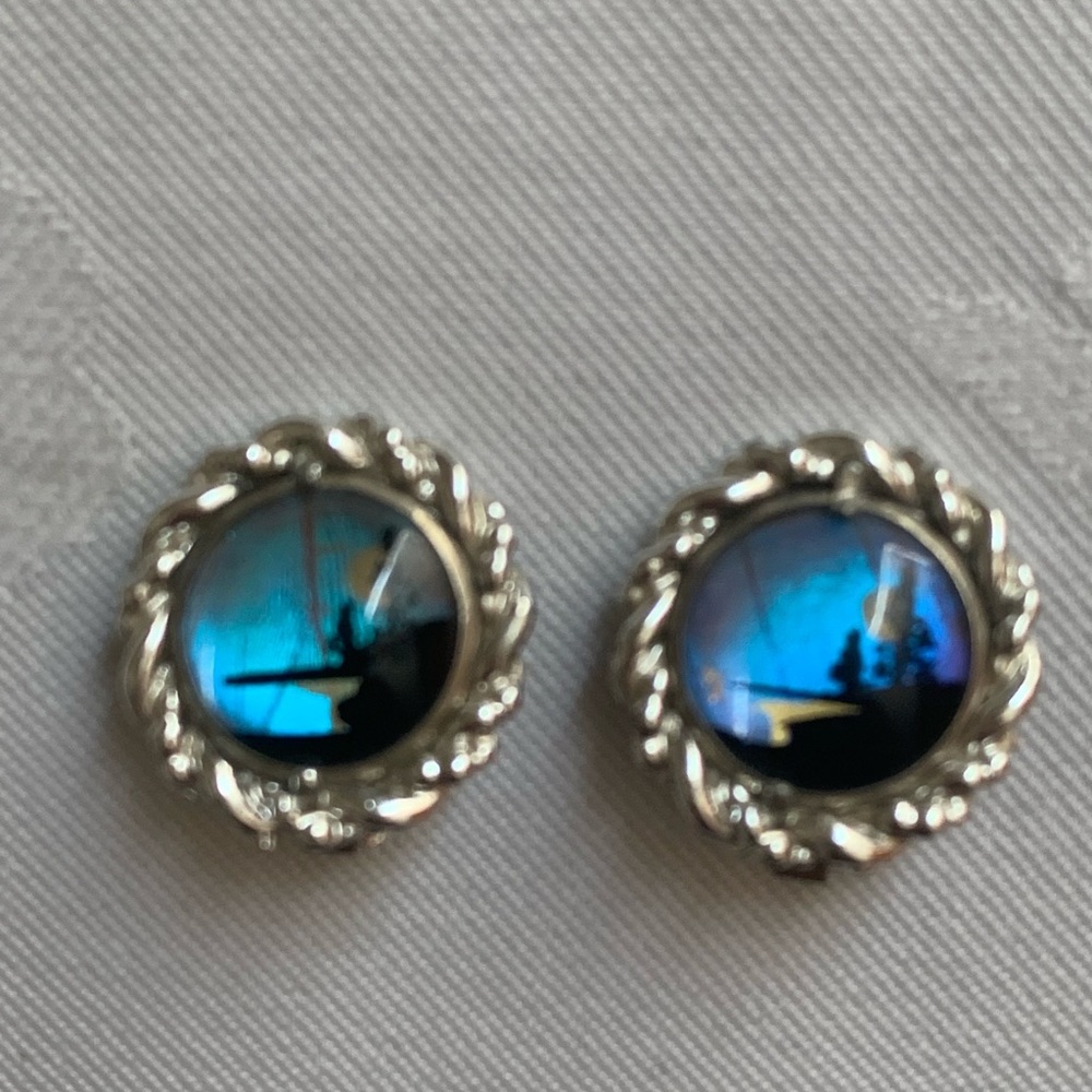 Vintage Twisted Silver and Blue Morpho Clip-On Earrings